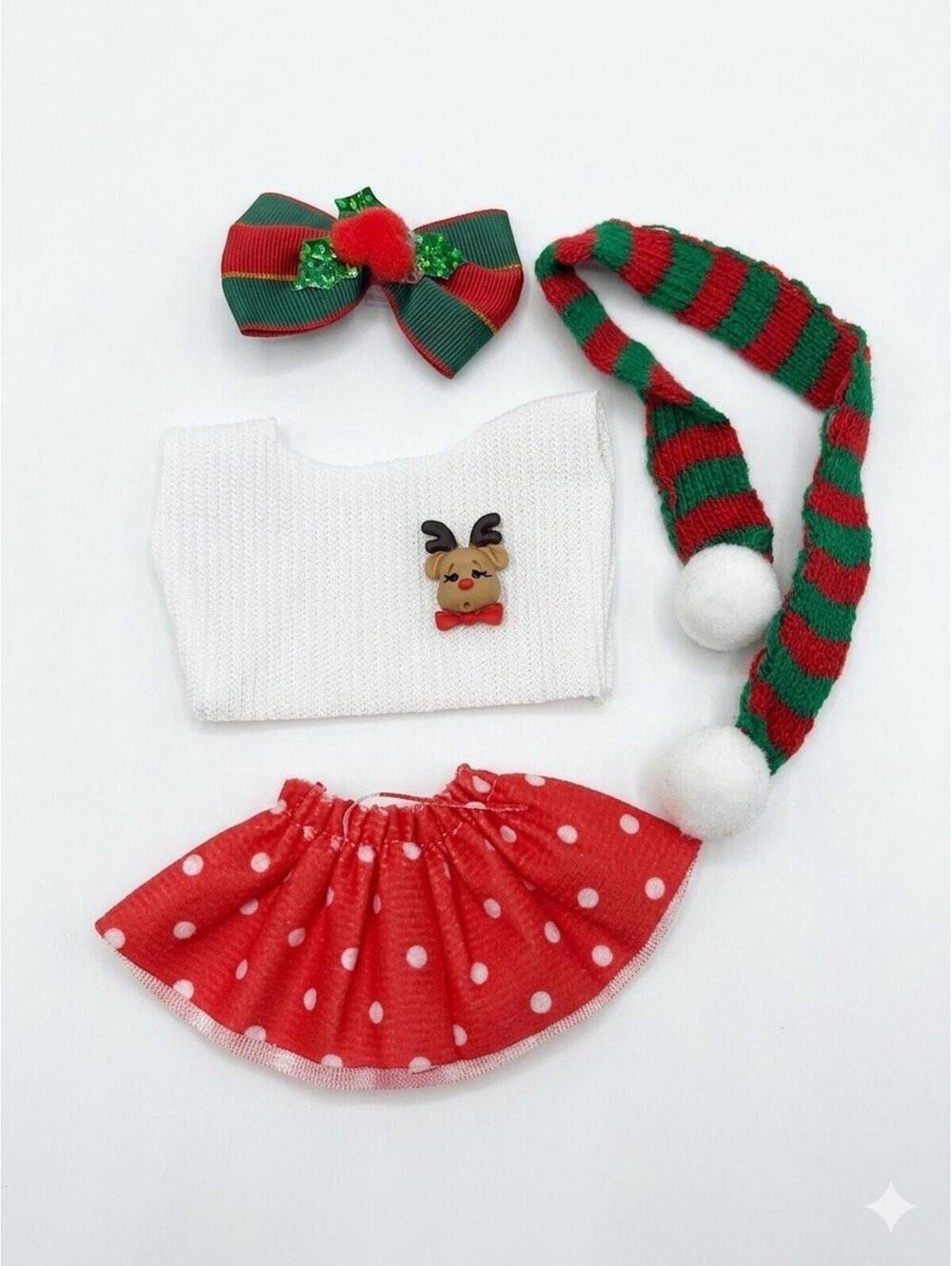 Labubu Christmas Outfit: Bow + Scarf + Reindeer Top + Polka Dot Skirt